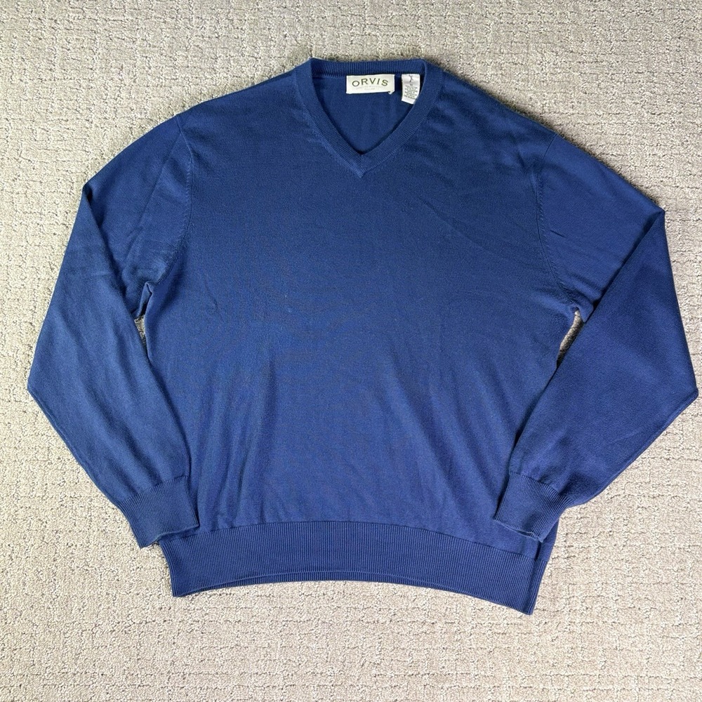 EUC Orvis Sweater Medium Blue Cotton Silk Cashmere V Neck Knit Pullover Soft